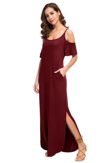 Summer Casual Loose Long Dress Strapless Strap Cold Shoulder Short Sleeve Split Maxi Dresses with Pocket Navy Blue Royal Blue Wine Red